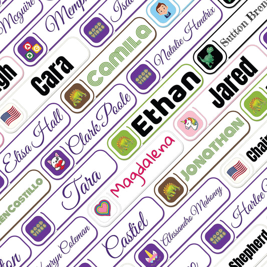 Premium, high quality, personalized, customizable, all-purpose, name and icon labels for school, camp, daycare, clothing, in multiple sizes, 99 colors, 20 fonts, white background, 600 icons