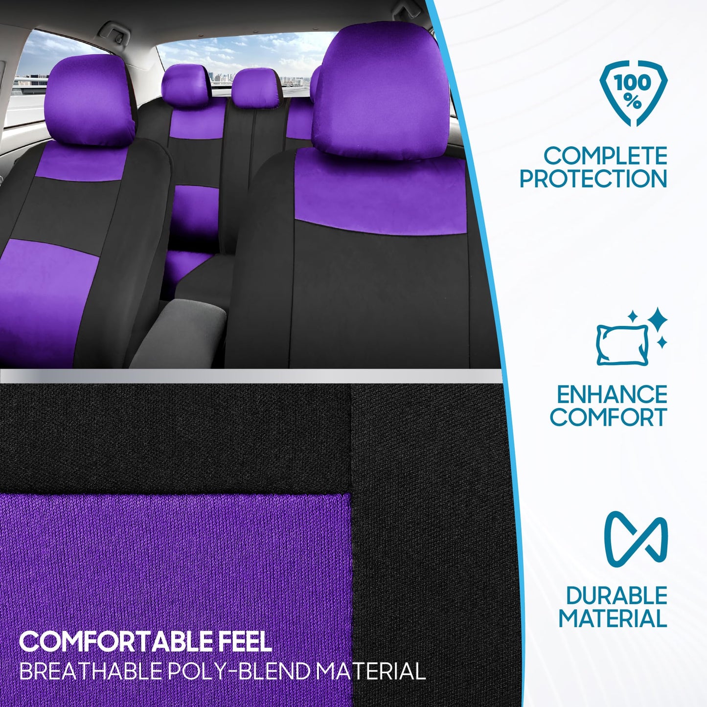 BDK PolyPro Car Seat Covers Full Set in Purple on Black – Front and Rear Split Bench Seat Covers, Easy to Install, Car Accessories for Auto Trucks Van SUV