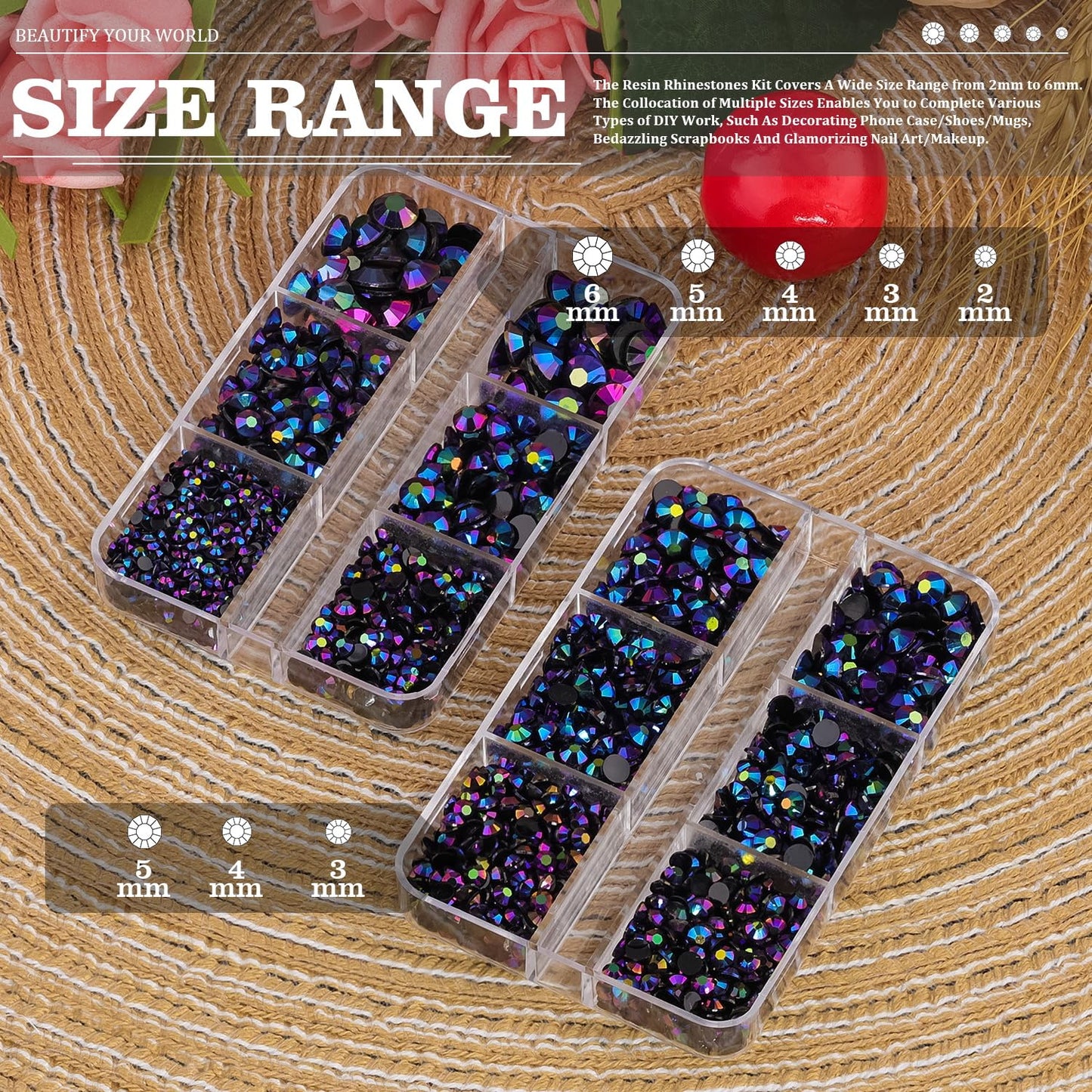 BELLEBOOST Resin Rhinestones Kits, 2/3/4/5/6mm Flatback Jelly Rhinestones, 2 Box Purplish Black AB Non Hotfix Crystal Gems for DIY Crafts Mugs Bottles Tumblers Clothes Makeup Nail Manicure