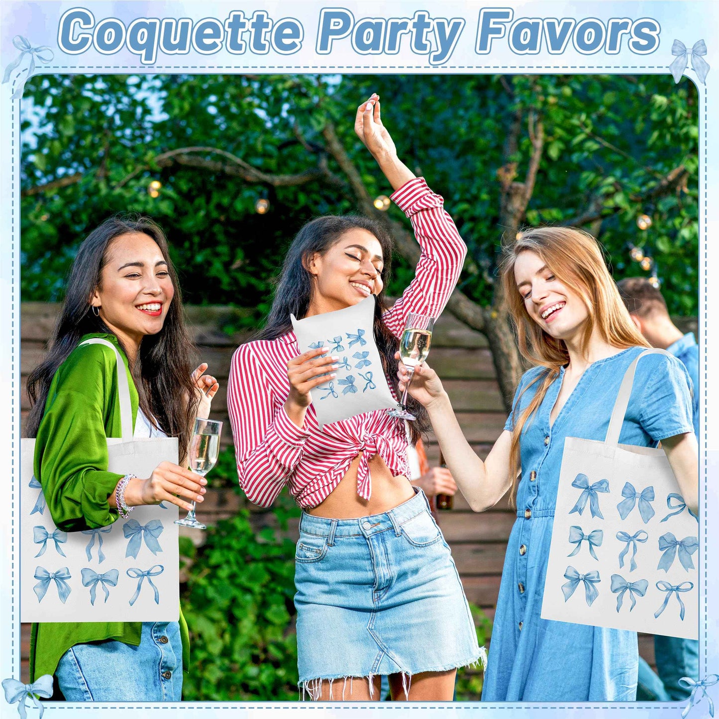 Y1tvei Blue Bows Canvas Bags - 2Pcs Cute Blue Coquette Aesthetic Tote Bag with Inner Pocket, Reusable Grocery Folding Shopping Bag, Bow Knot Zipper Makeup Pouch Gifts for Women Girls Daughter Mother