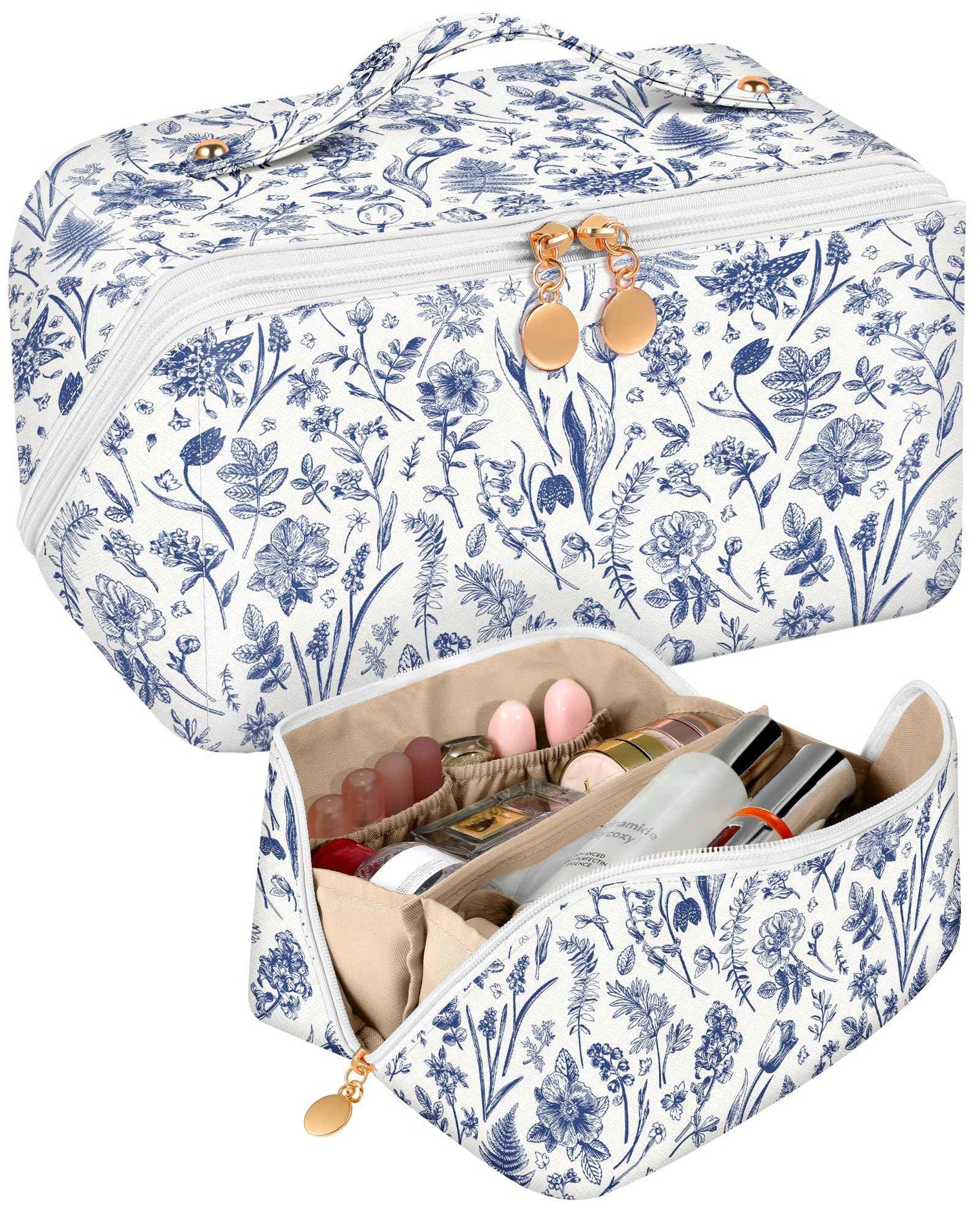 Bistup Makeup Bag Travel Cosmetic Bag Toiletry Make Up Bags Cute Women Large Capacity Big Medium Leather Blue Floral Aesthetic Girl Teen Teenage Foldable Expandable Open Flat Zip