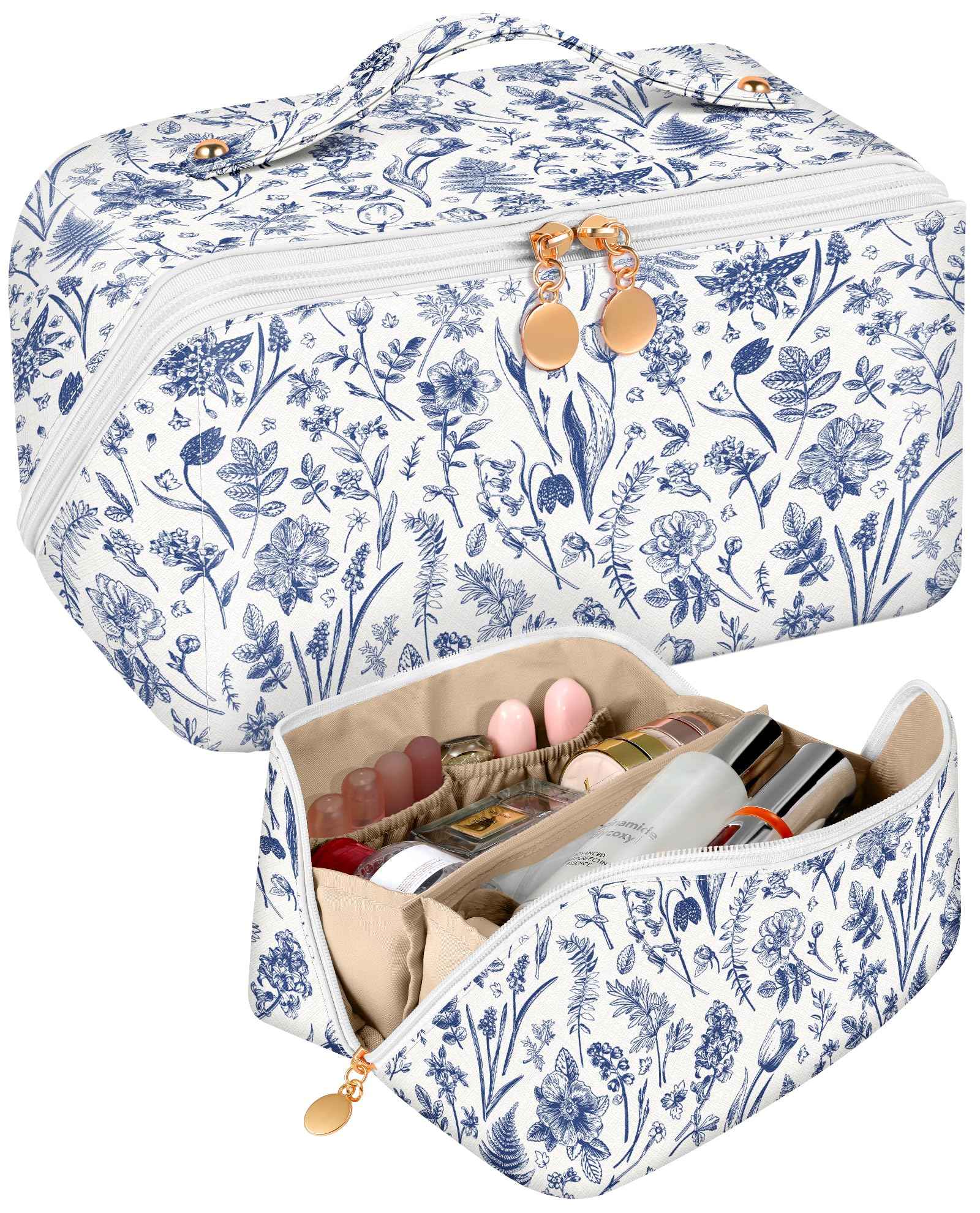 Bistup Makeup Bag Travel Cosmetic Bag Toiletry Make Up Bags Cute Women Large Capacity Big Medium Leather Blue Floral Aesthetic Girl Teen Teenage Foldable Expandable Open Flat Zip