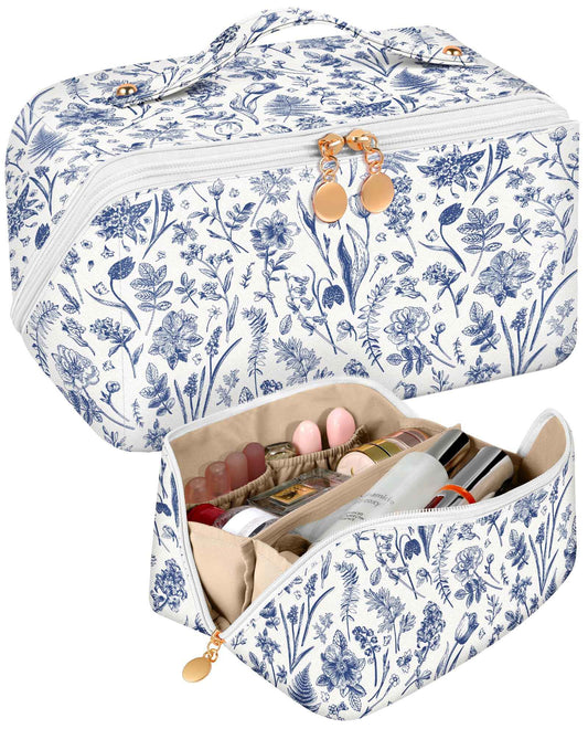 Bistup Makeup Bag Travel Cosmetic Bag Toiletry Make Up Bags Cute Women Large Capacity Big Medium Leather Blue Floral Aesthetic Girl Teen Teenage Foldable Expandable Open Flat Zip