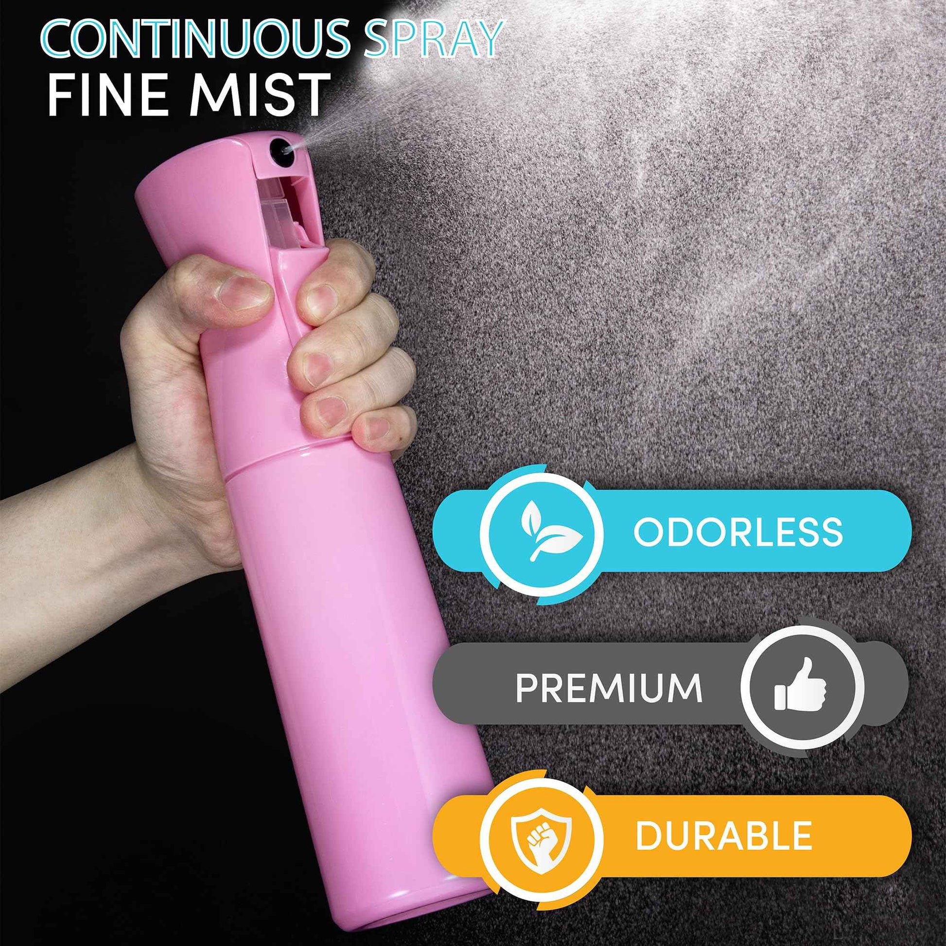 Hula Home Continuous Spray Bottle for Hair (10.1oz/300ml) Empty Ultra Fine Plastic Water Mist Sprayer – For Hairstyling, Cleaning, Salons, Plants, Essential Oil Scents & More - Pink