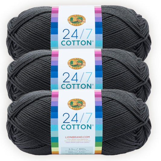 Lion Brand 24/7 Cotton Yarn, Lightweight Yarn for Knitting, Crocheting, and Crafts, Charcoal, 3 Pack