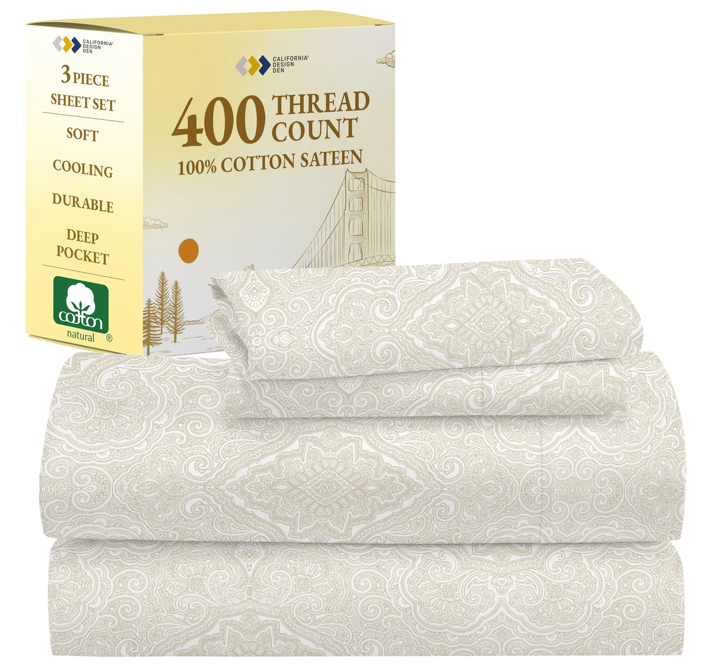 California Design Den Twin Sheet Set Paisley, 400 Thread Count, 100% Cotton Sateen 3 Pc Twin Size Sheets Set, Deep Pocket Sheets & Pillowcase Set - Paisley - Beige