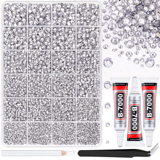 25000Pcs Resin Rhinestones with Tweezers for Crafting, Clear Non Hotfix Flatback Gems, Bedazzling Crystal with 3Pcs 10ml B7000 Jewelry Glue for DIY Crafts Clothing Tumblers Shoes Fabric Decor