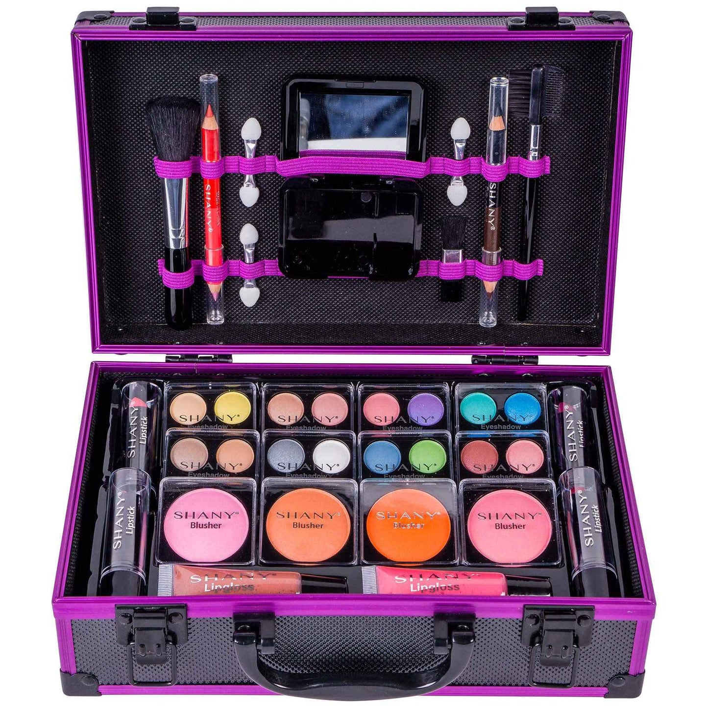 SHANY Carry All Make up Train Case with Pro Makeup Set, Beauty Brushes, Lipsticks, Eye Shadows, Blushes, Powders, and more - Reusable Cosmetics Storage Organizer - Premium Gift Packaging - Purple