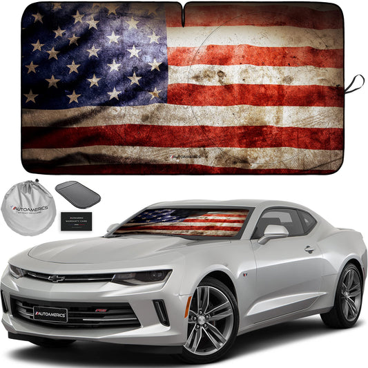 Autoamerics 1-Piece Windshield Sun Shade Grunge American Flag - 2 USA Design - Foldable Car Front Window Sunshade for Most Sedans SUV Truck - Blocks Max UV Rays and Keeps Your Vehicle Cool - Small