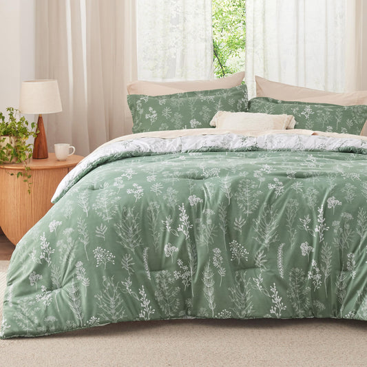 Bedsure Twin/Twin XL Comforter Set Dorm Bedding - Green Comforter, Floral Twin/Twin Extra Long Bedding Comforter Set, 2 Pieces, 1 Reversible Botanical Flowers Comforter and 1 Pillow Sham