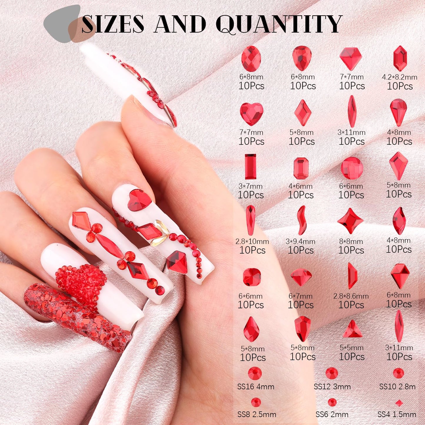 2750Pcs Red Glass Nail Rhinestones 240Pcs Multi Shapes Flatback Gems Crystal + 2510Pcs 1.5-4mm Round Beads, Manicure Diomand Jewelry Gemstones for Nail Design Makeup Acrylic Nails Decoration