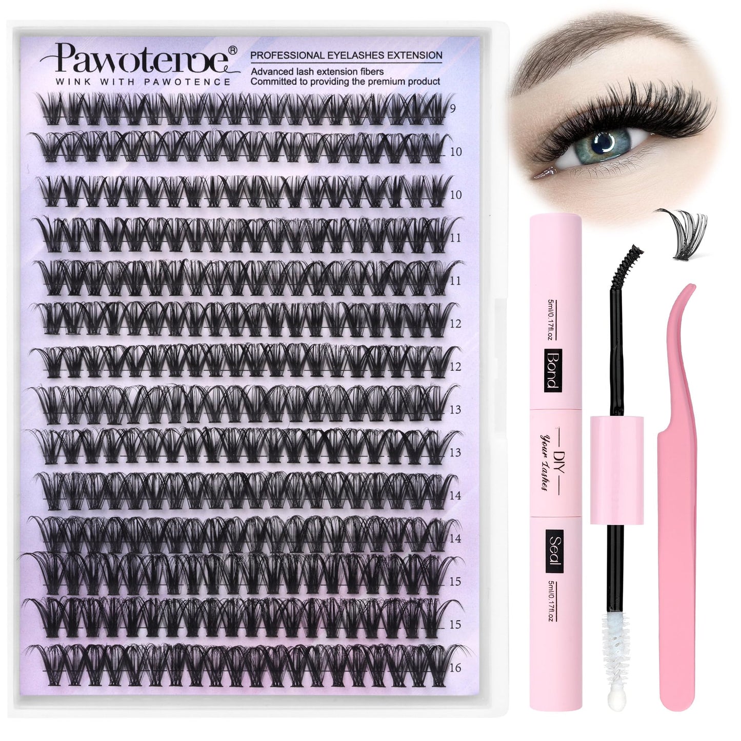 Pawotence Lash Clusters Kit 40D Curl Individual Lash Extension Kit DIY 280pcs 9-16mm Cluster Eyelash Extension Kit with Lash Bond and Seal, Lash Tweezers for Self Use (40D-0.07D-9-16MIX KIT)