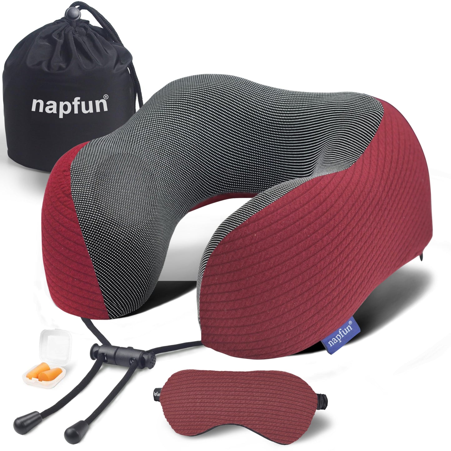 napfun Neck Pillow for Traveling, Upgraded Travel Neck Pillow for Airplane 100% Pure Memory Foam Travel Pillow for Flight Headrest Sleep, Portable Plane Accessories, Wine-Red Set, Medium (120-200LB)