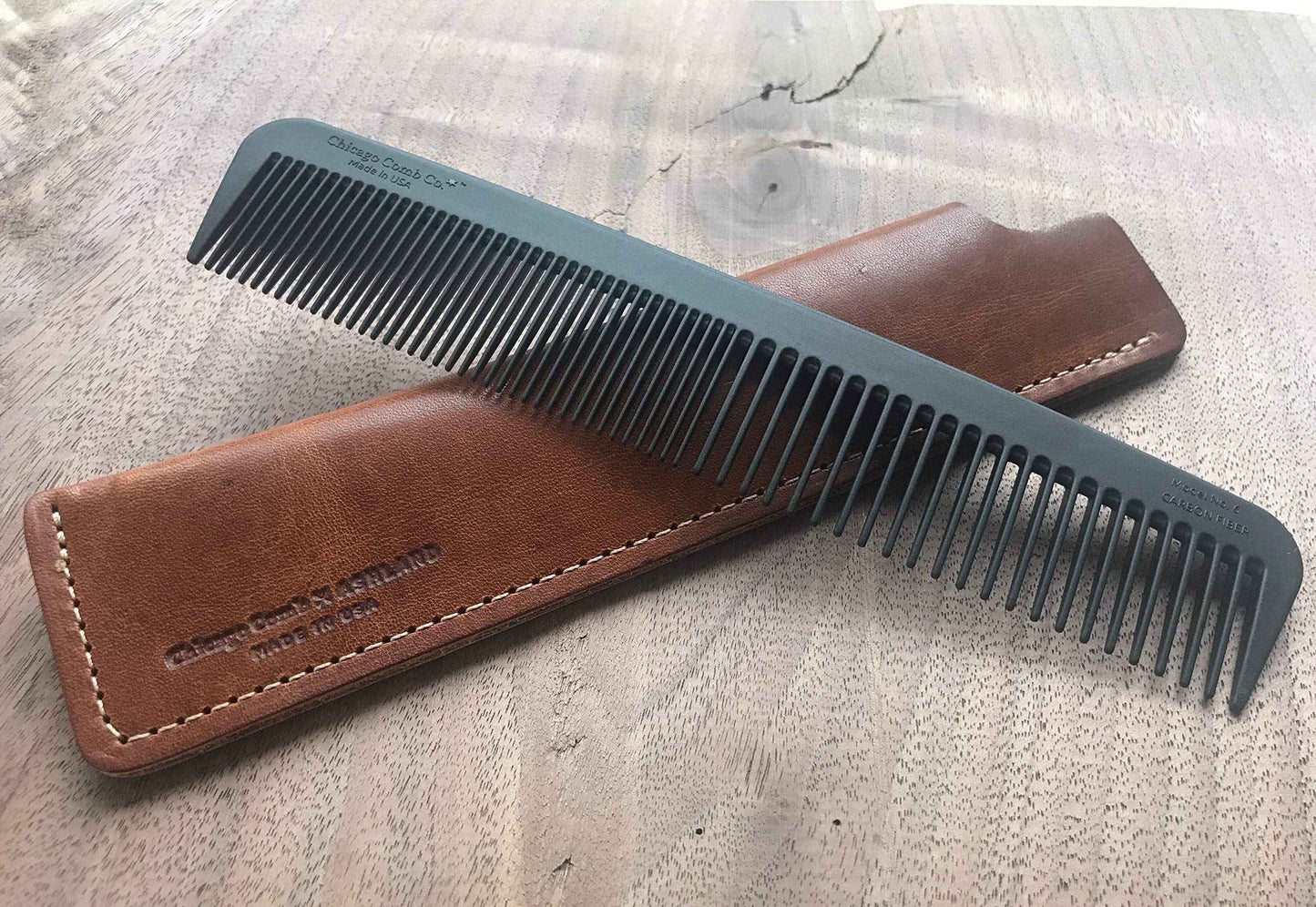 Chicago Comb Model 6 Carbon Fiber Comb + English Tan Horween leather sheath, Made in USA, ultimate styling comb, for men & women, smooth strong & light, anti-static, premium leather sheath