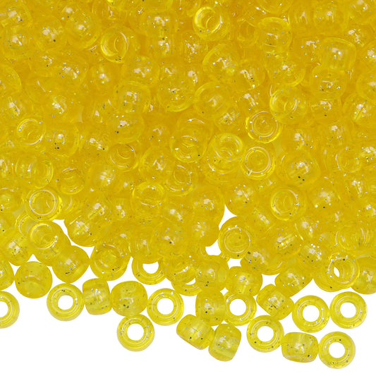 Auvoau 1000Pcs Pony Beads Bracelet 9mm Yellow Glitter Plastic Barrel Pony Beads for Necklace,Hair Beads for Braids for Girls,Key Chain,Jewelry Making (Yellow Glitter)