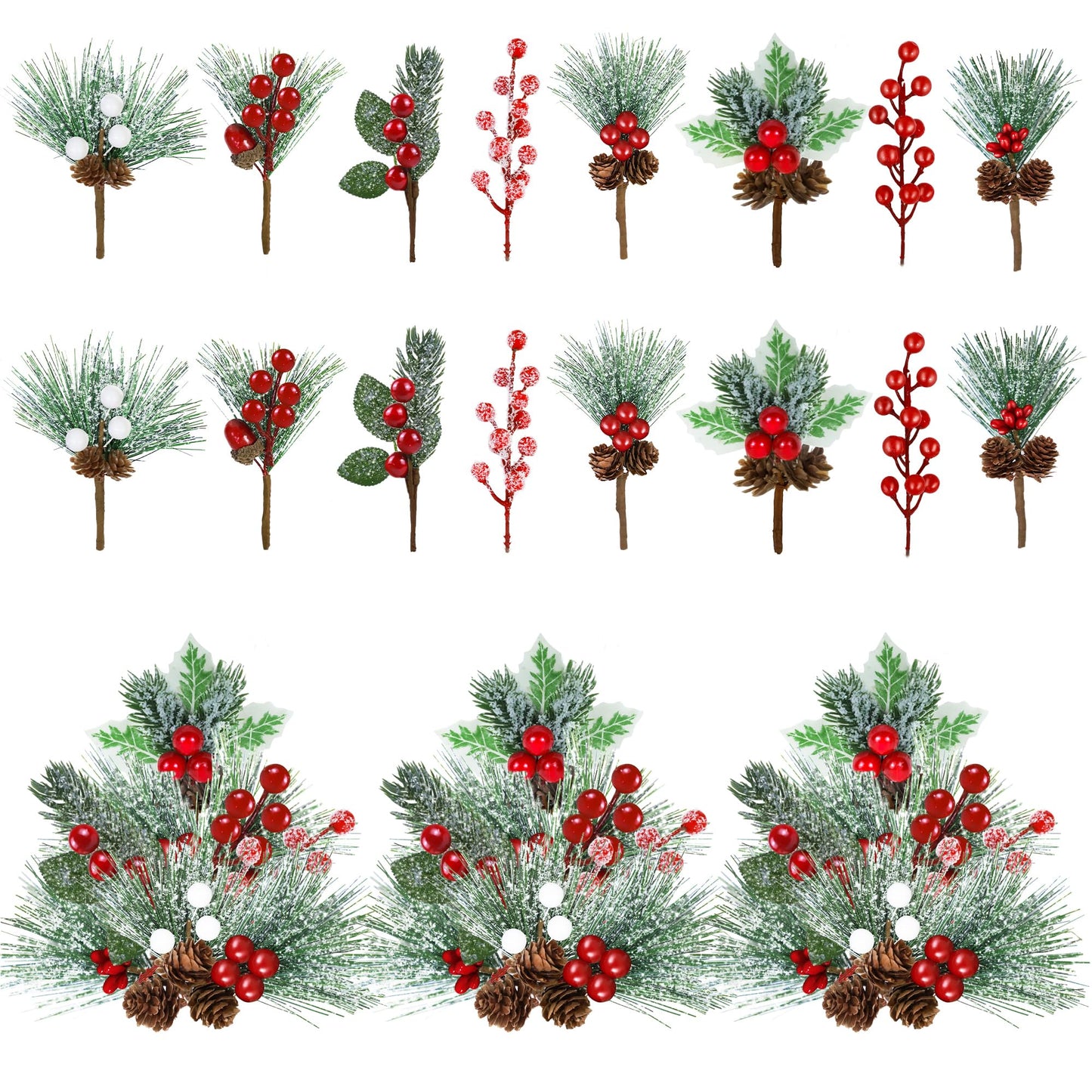 Christmas Decorations - 40 Packs Snow Artificial Christmas Picks Red Berry Stems Sprays Faux Cedar Holly Pine Needles Branches Christmas Tree Picks for Xmas Winter Holiday DIY Crafts Wreath Tree