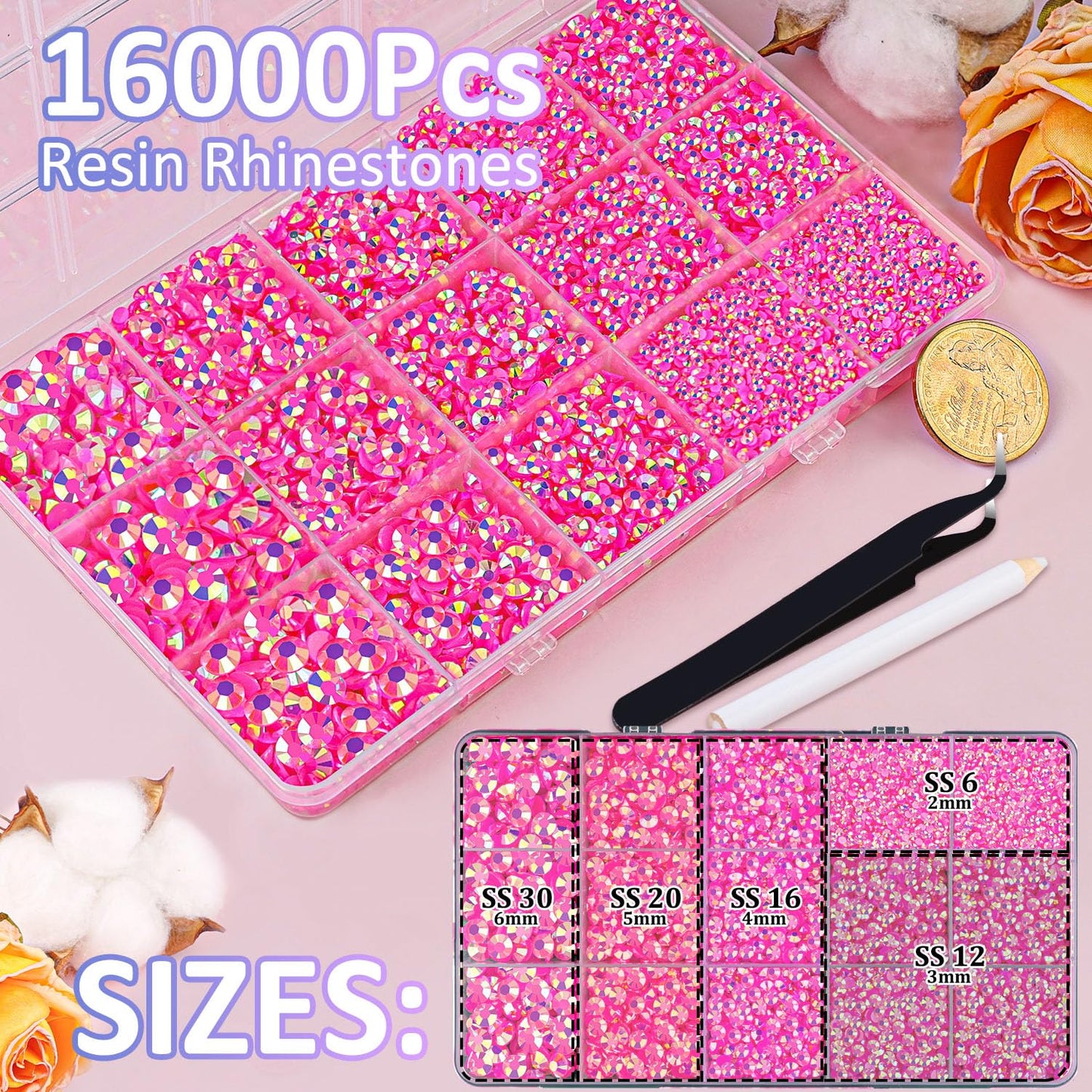 16000Pcs Resin Jelly Rhinestones for Crafting, Hot Pink AB Flatback Gems, Bedazzling Crystal with 3Pcs 10ml B7000 Jewelry Glue for DIY Crafts Clothing Tumblers Shoes Fabric Nail Art