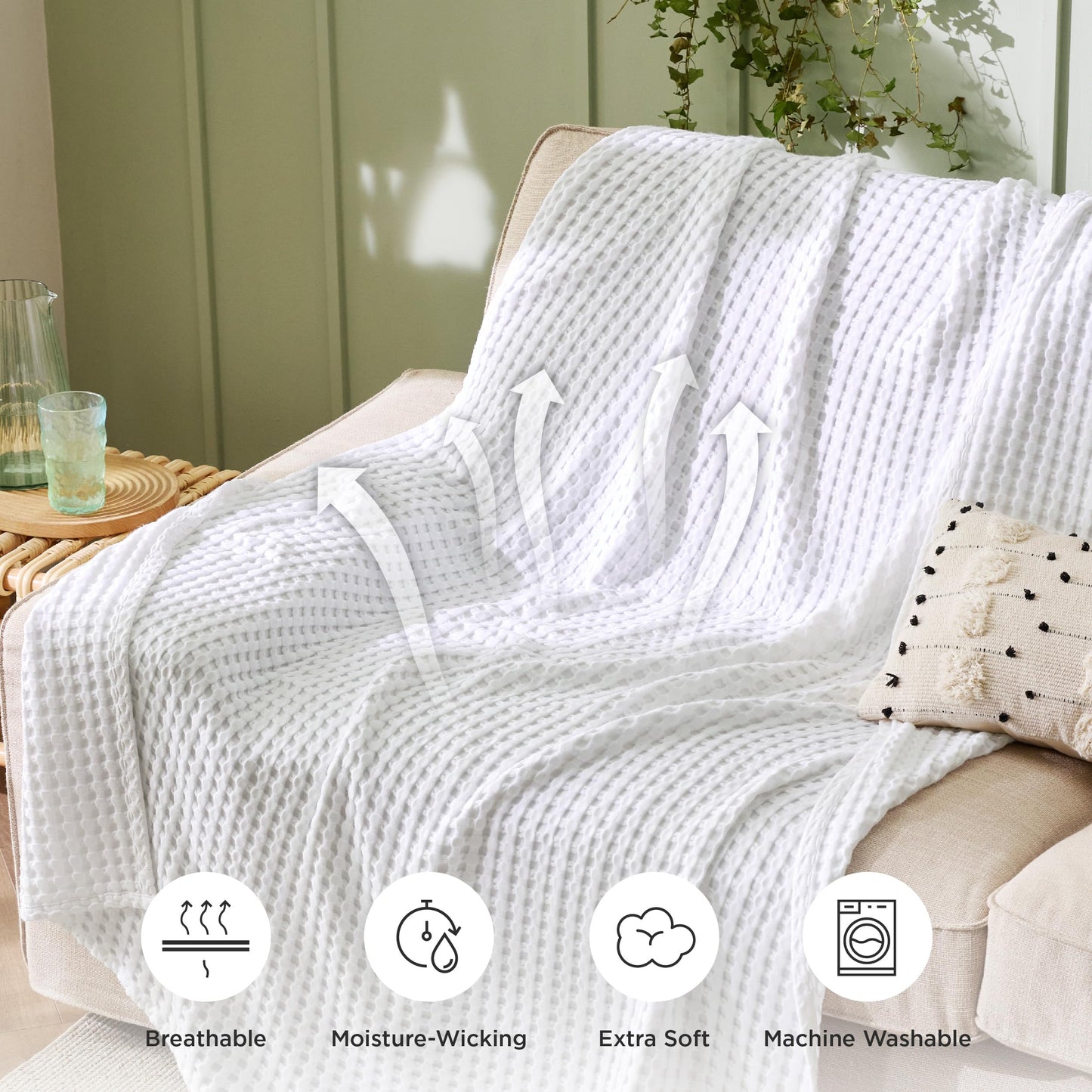 Bedsure Cooling Cotton Waffle Weave Blanket - Lightweight Breathable Blanket of Rayon Derived from Bamboo for Hot Sleepers, Luxury Throws for Bed, Couch and Sofa, White, 50x70 Inches