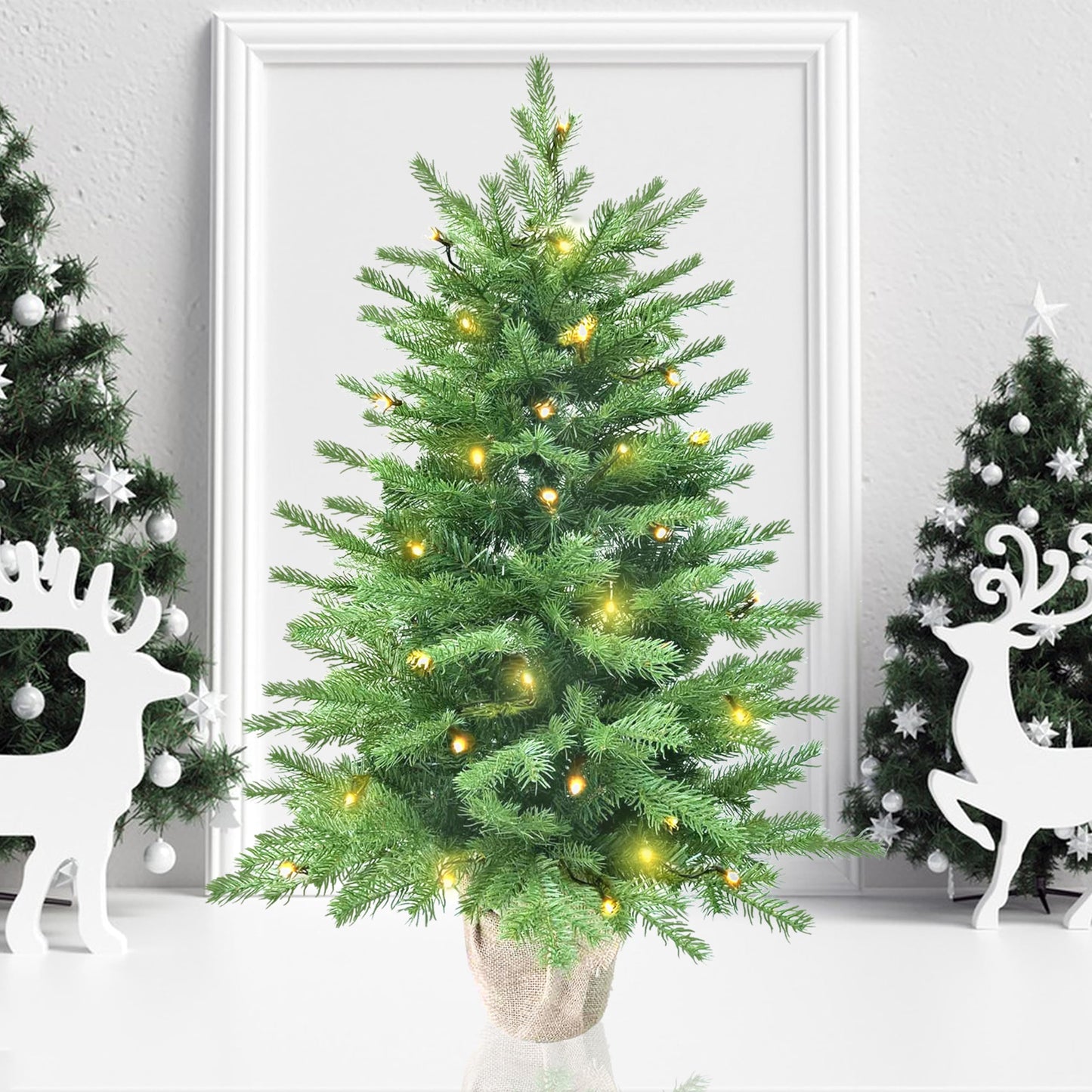 3ft Pre-Lit Mini Fir Christmas Tree,Artificial Pine Xmas Tree,106 PE Branches Tips & 84 PVC Branches Tips & UL Certification LED Lights & Burlap Wrapped Base for Tabletop Desk,Battery Operated