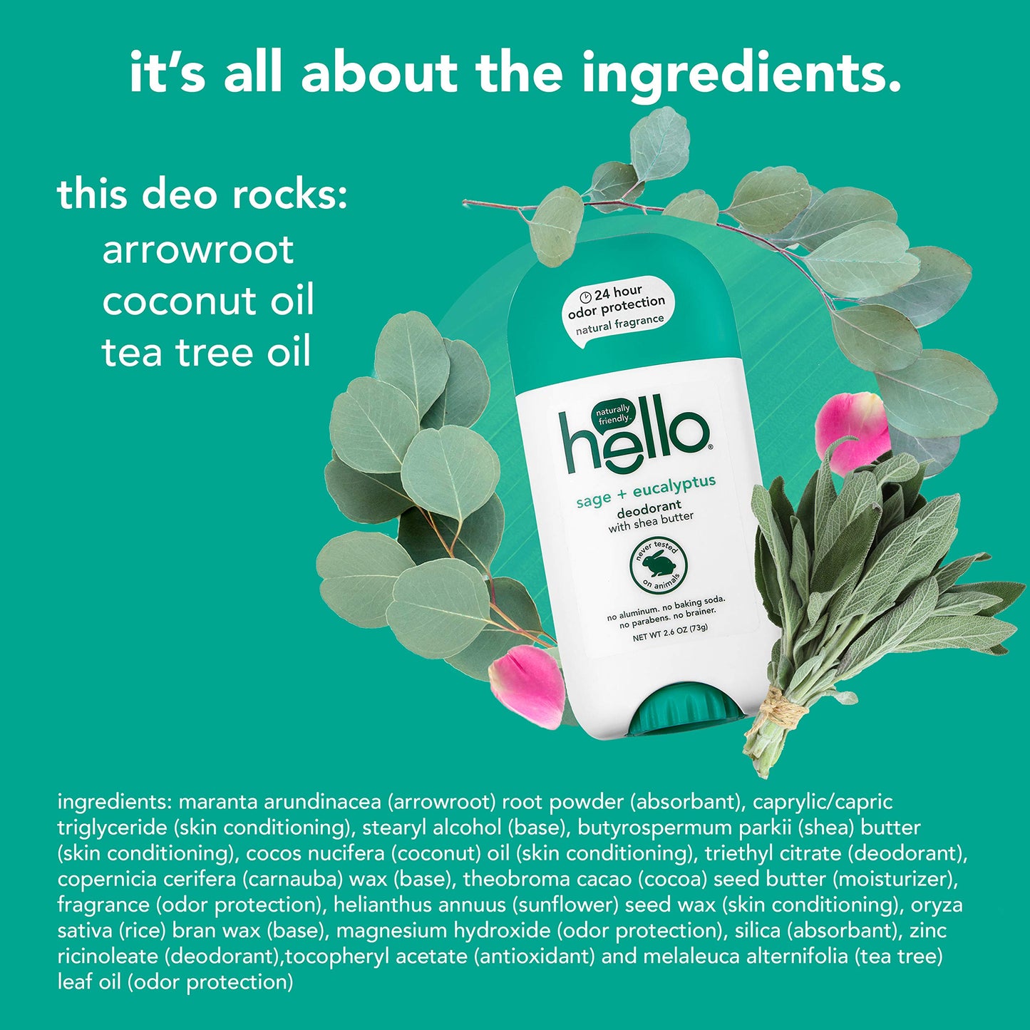 Hello White Deodorant With Shea Butter for Women Men 24 Hour Odor Protection No Aluminum Baking Soda Vegan Parabens Free 2.6 Oz 3, Sage + Eucalyptus, 1 Count