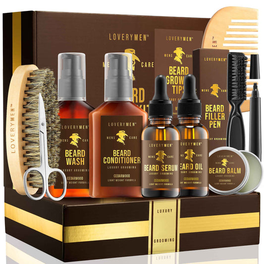 Christmas Mens Gifts for Him, Ultimate Beard Care Kit - 12pc Complete Grooming Set in Cedarwood, Beard Balm, Wash, Conditioner, Oil, Serum, Beard Pen & More Birthday Gifts for Men Boyfriend Husband