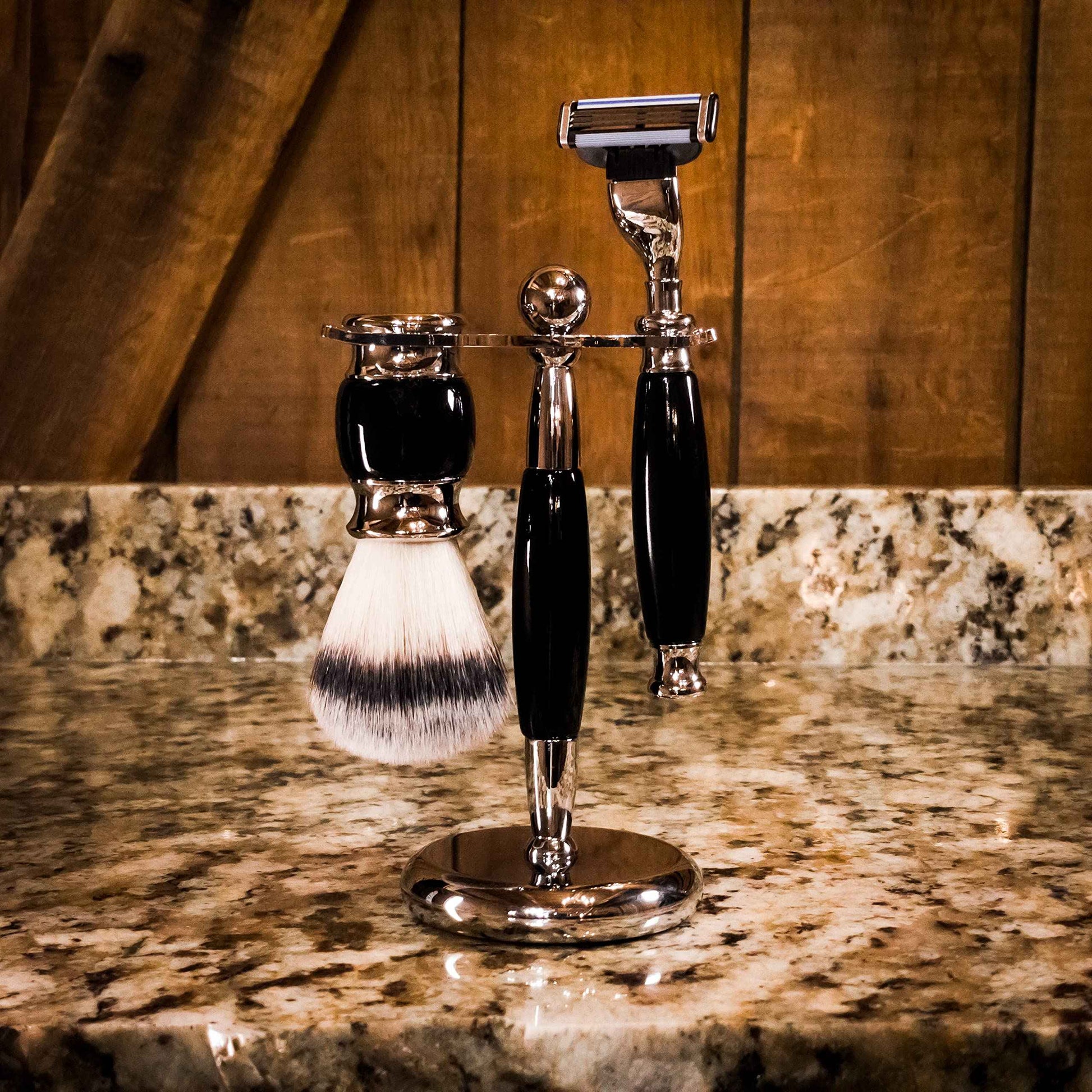 Union Razors SS3 Black Three Piece Shave Kit with Razor, Shaving Brush and Stand.