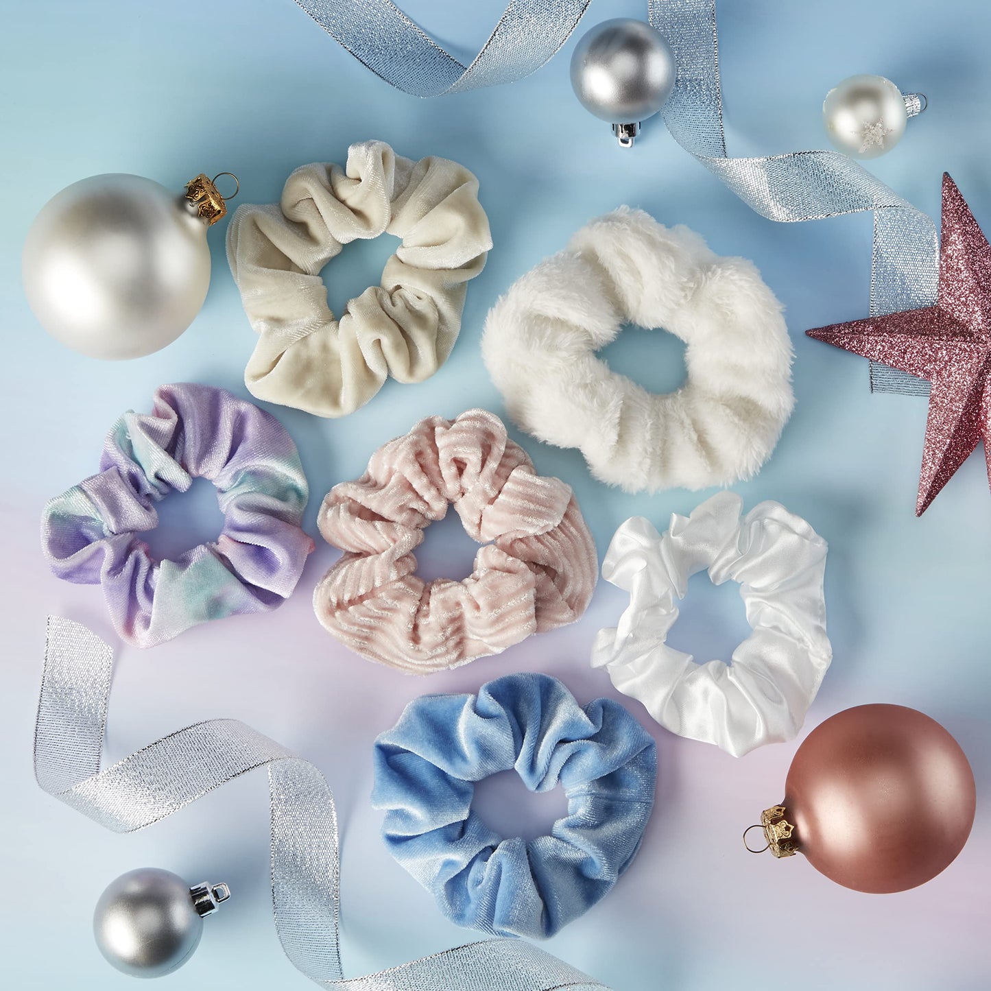 The Original Scrunchie® Girls Fashion Gift Set Includes 6 Unique Designs: Pastel Rainbow Velvet, Cream Velour, Pink Velvet, White Faux Fur, Blue Velour, White Satin in Presentation Box