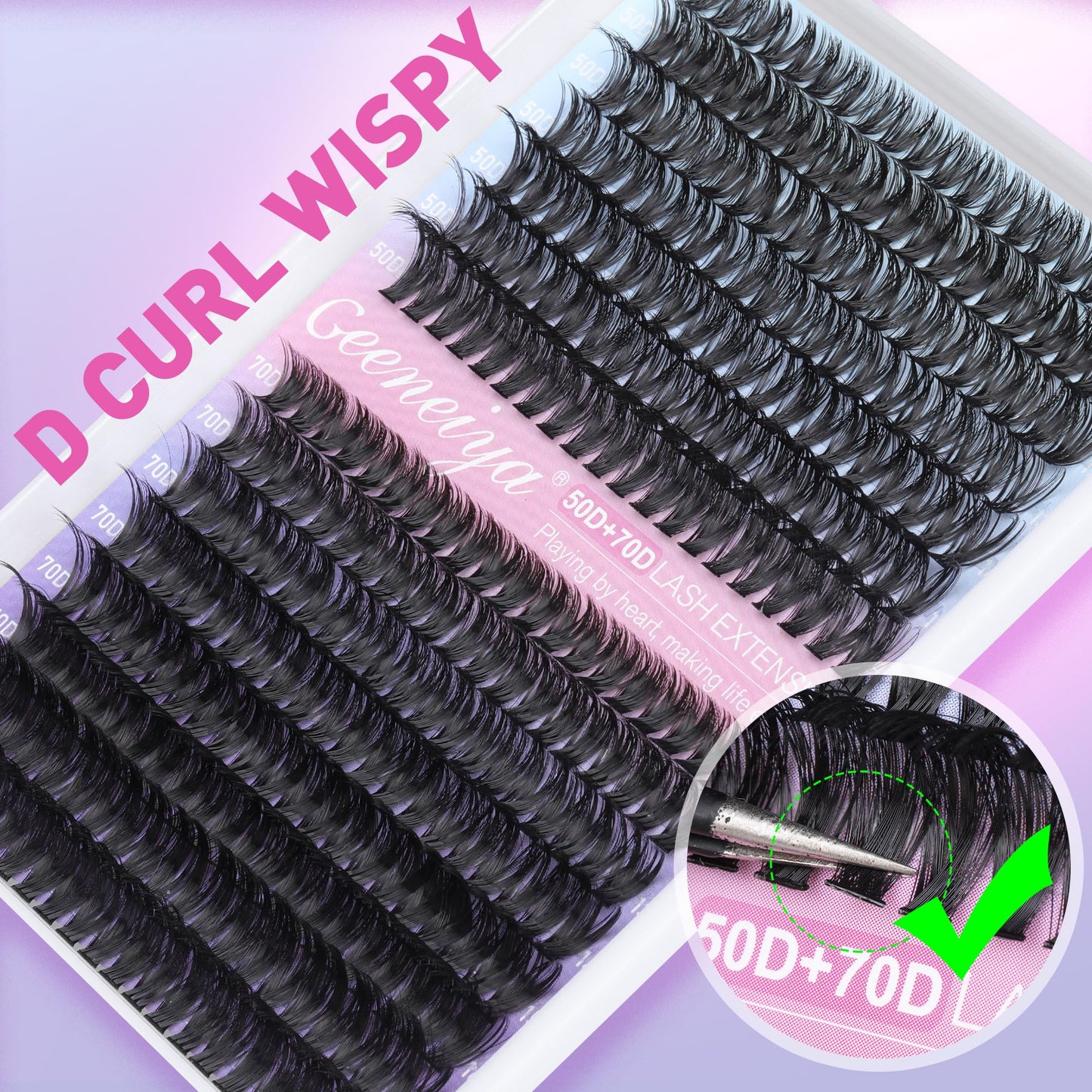 Geeneiya 50D+70D Lash Clusters Kit Wispy Lash Extension Kit 10-18mm Cluster Eyelash Extension Kit Natural Individual Lashes with Waterproof Lash Bond and Seal Glue, Lash Tweezers (10-18mm, 300Pcs)