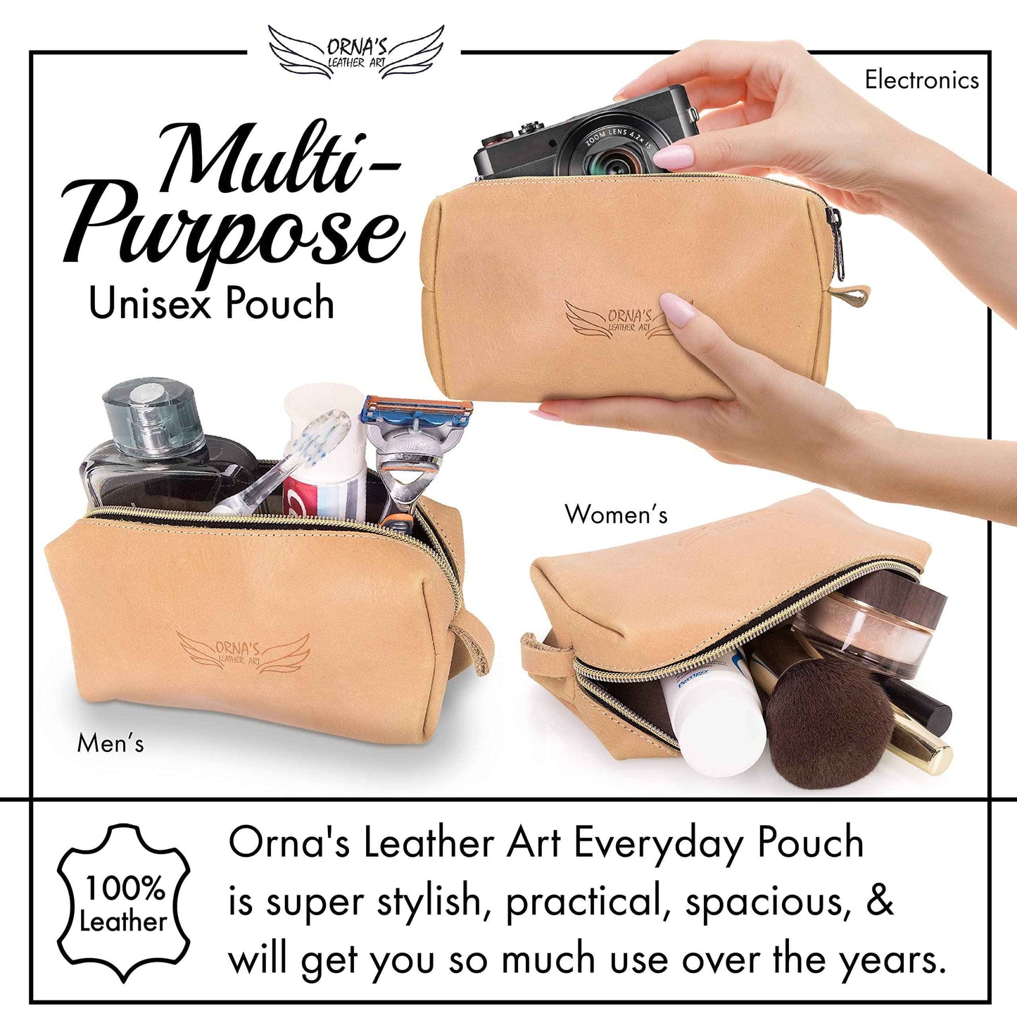 ORNA'S LEATHER ART WOODPECKER UNISEX SAND POUCH: Real Cowhide Men’s Women’s Tan Portable Toiletry Makeup Travel Case, Stylish, Handcrafted, Spacious, Zipper Close