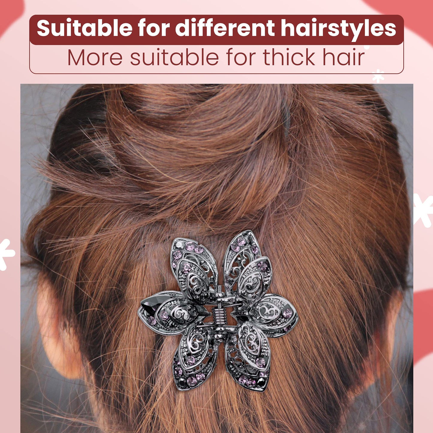 MOTZU 3 Pack Mini Jaw Clips, 1.5 inch Metal Crystal Hair Claws, Non-Slip Flower Barrette, Vintage Metal Rhinestone Hair Clip Accessories for Women Girls, Grey