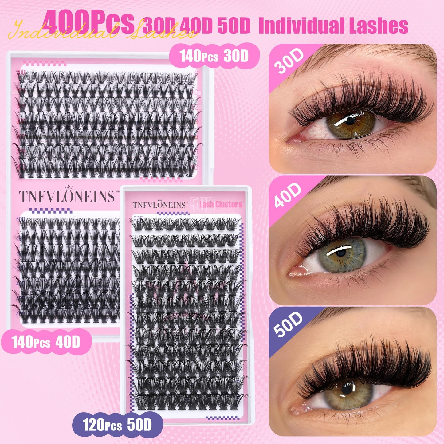 DIY Lash Extension Kit 400Pcs Cluster Lashes Kit 30D 40D 50D Individual Eyelash Extension Kit, Bond and Seal Lash Glue and Lash Clusters Applicator Tool for Eyelash Extensions(Kit-30D/40D/50D,9-16MIX)