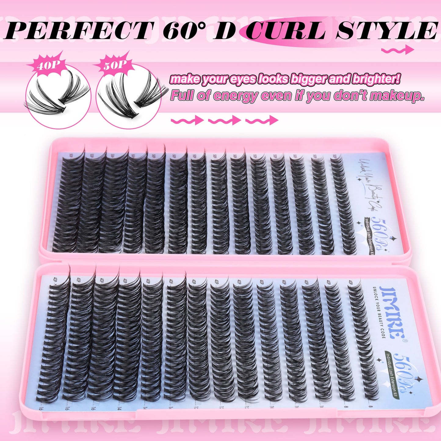 Lash Extension Kit DIY Lash Clusters Kit 560Pcs Eyelash Extension Kit with Lash Bond and Seal Tweezers 10-16mm Natural 40D+50D Volume D Curl Individual Lashes Cluster Eyelash Extensions by JIMIRE