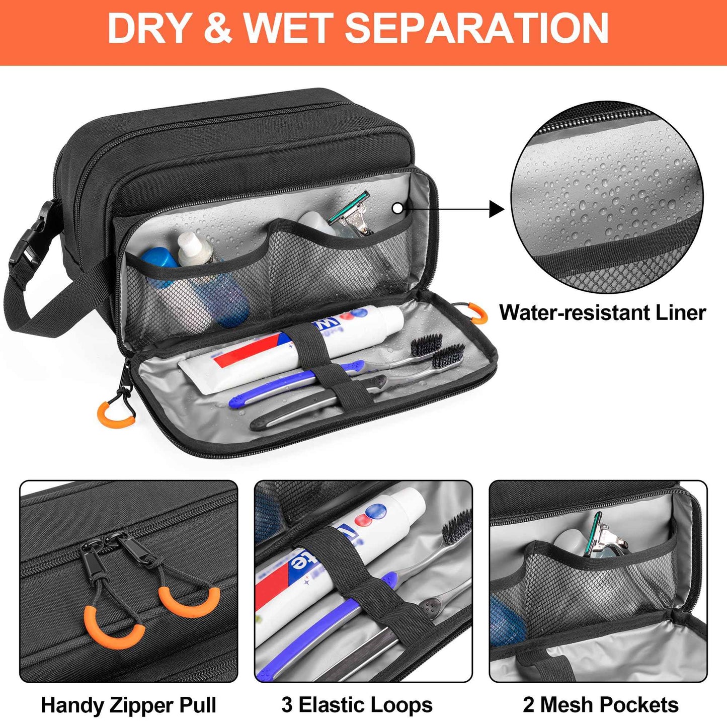 Prokva Tactical Toiletry Travel Bag for Men, Dopp Kit Shaving Organizer Case for Toiletries, Shower and Grooming Care Accessories, Black (Empty Bag Only, Patent Design)