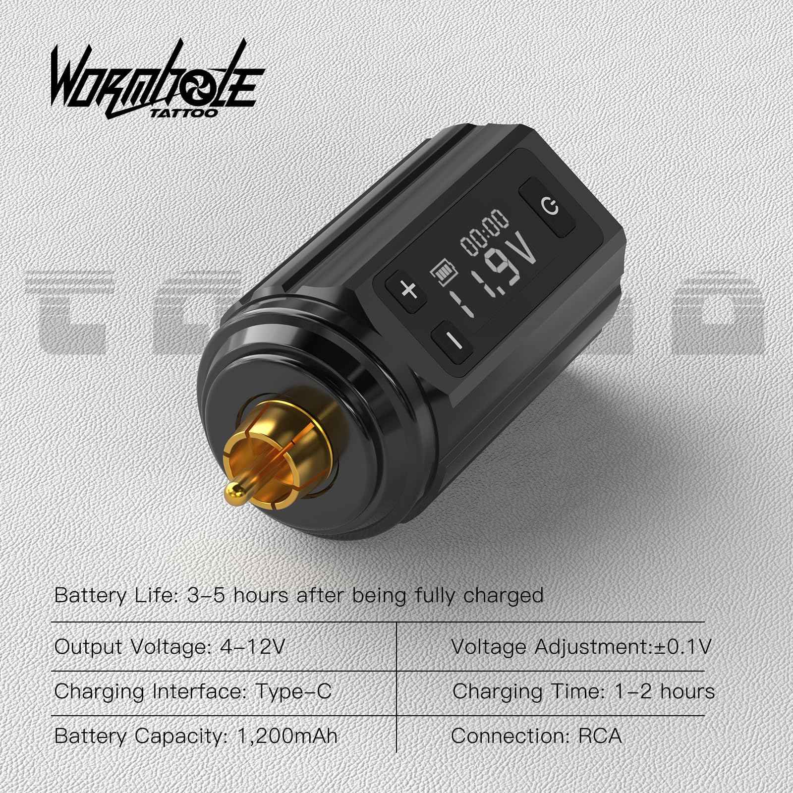 Wormhole Tattoo Power Supply for Tattoo Machine Wireless Tattoo Pen 1,200mAh Capacity Power Supply RCA Connector WB16