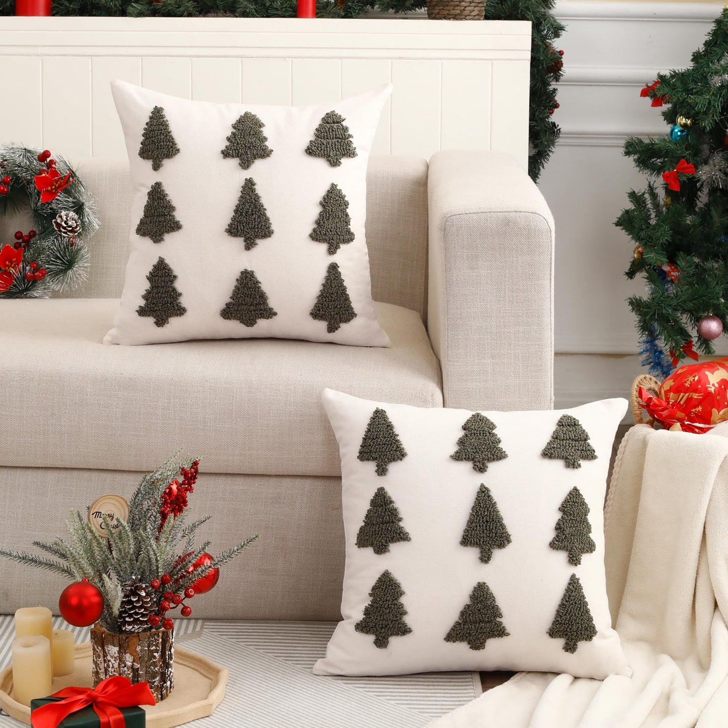 Tosleo Christmas Pillow Covers 18 x 18 inch Set of 2 Dark Green Multiple Christmas Tree Throw Pillow Cover Christmas Party Decorations Winter Holiday Soft Cushion Case