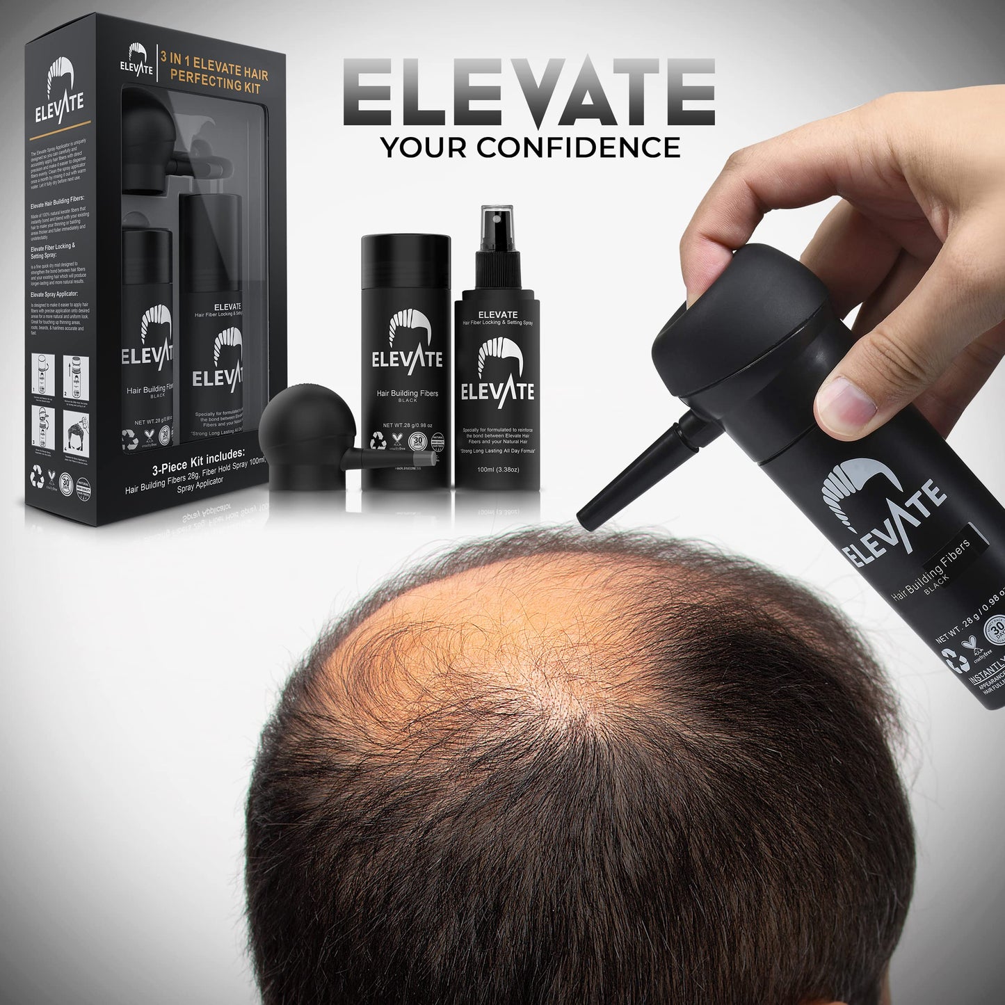 ELEVATE Hair Perfecting 3-in-1 Kit Set Includes Natural Hair Thickening Fibers & Spray Applicator Pump Nozzle & Locking Setting Hold Hair Spray | Instantly Conceal Balding Hair Thinning Areas (Black)