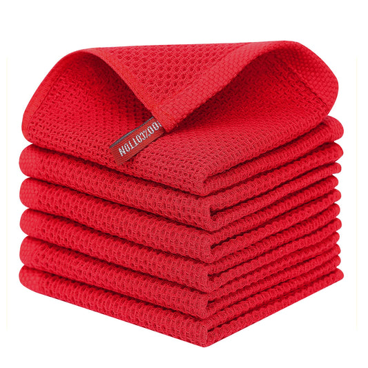 Kitinjoy 100% Cotton Kitchen Dish Cloths, 6 Pack Waffle Weave Ultra Soft Absorbent Dish Towels for Drying Dishes Quick Drying Kitchen Towels Dish Rags, 12 X 12 Inches, Red