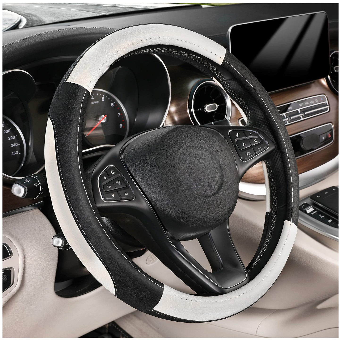 SEG Direct Car Steering Wheel Cover Universal Standard Size 14.5-15 inch, Black and White Microfiber Leather