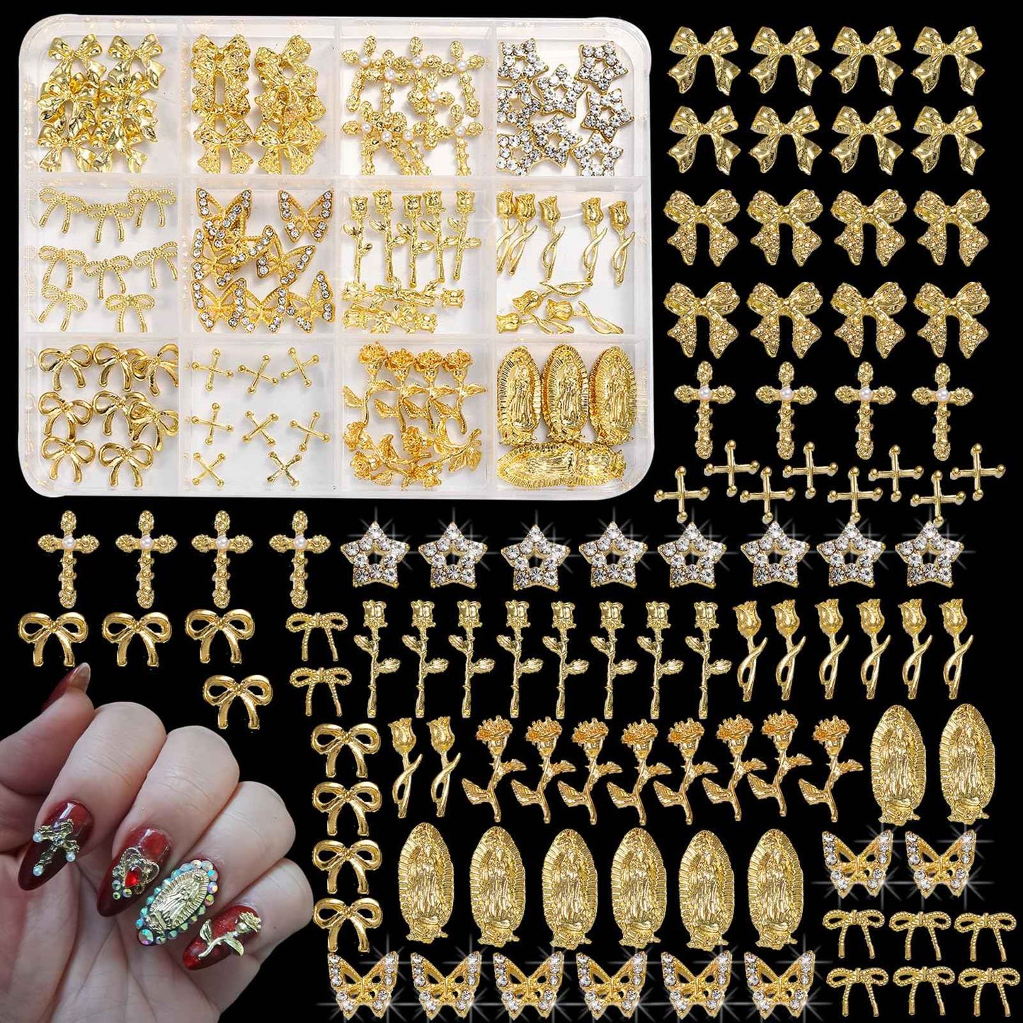 ZUMILLMN 96PCS 3D Nail Charms - Gold Alloy Bow, Rose,Butterfly,Cross,Star,Virgin Mary & Coin Charms, Shiny Nail Rhinestones for Nail Art, Manicure, DIY Jewelry Making（96pcs）