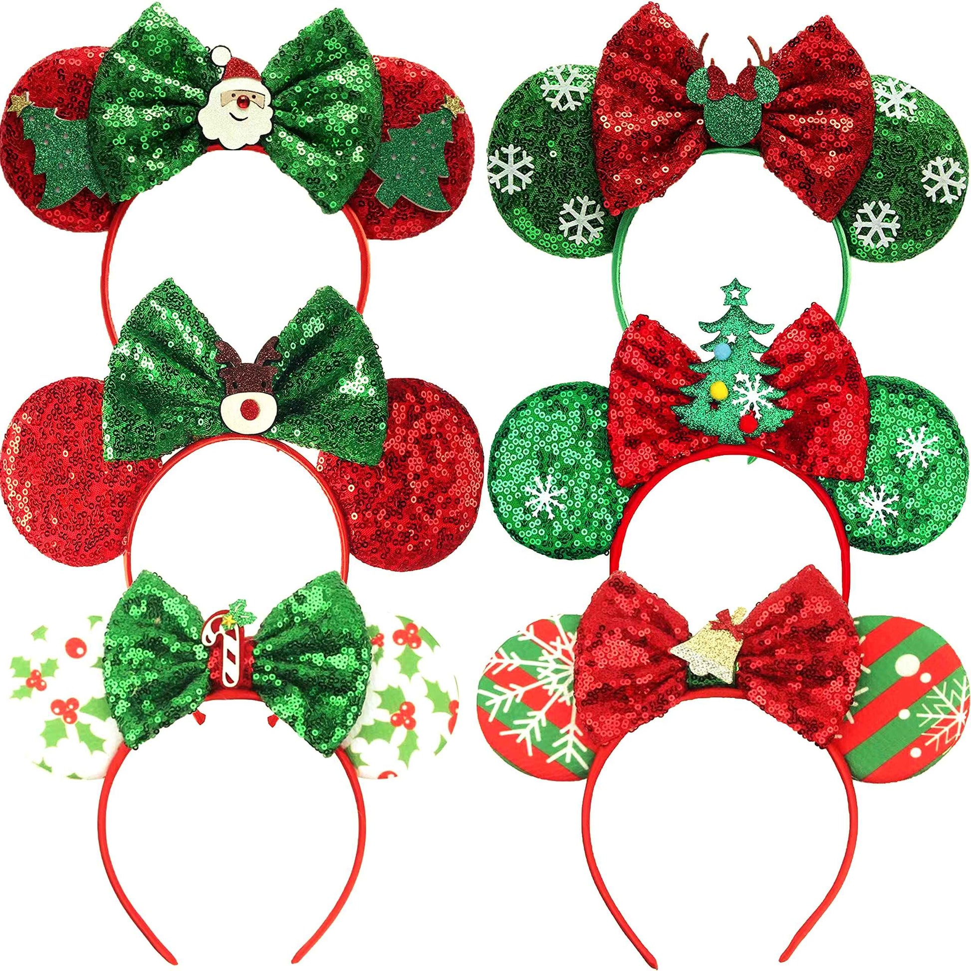 Mannxitzdy 6 Pcs Christmas Mouse Ears Bow Headbands Christmas Tree Hair Hoop Sparkle Mouse Ears Headband for Women Girls Birthday Party