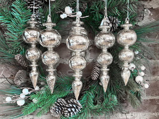 Mercury Glass Christmas Ornaments Set of 6 Hand Blown Hand Silvered Hanging Christmas Finials for Christmas Tree Decoration Vintage Holiday Décor