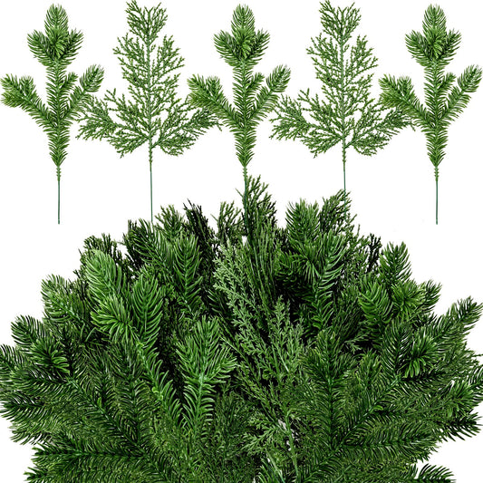 100 Pieces Christmas Pine Needles 10 inch Artificial Pine Branches Green Leaves Needle Garlands Pine Twigs Faux Cedar Branches Greenery DIY Accessories for Christmas Holiday Winter (Fresh Style)