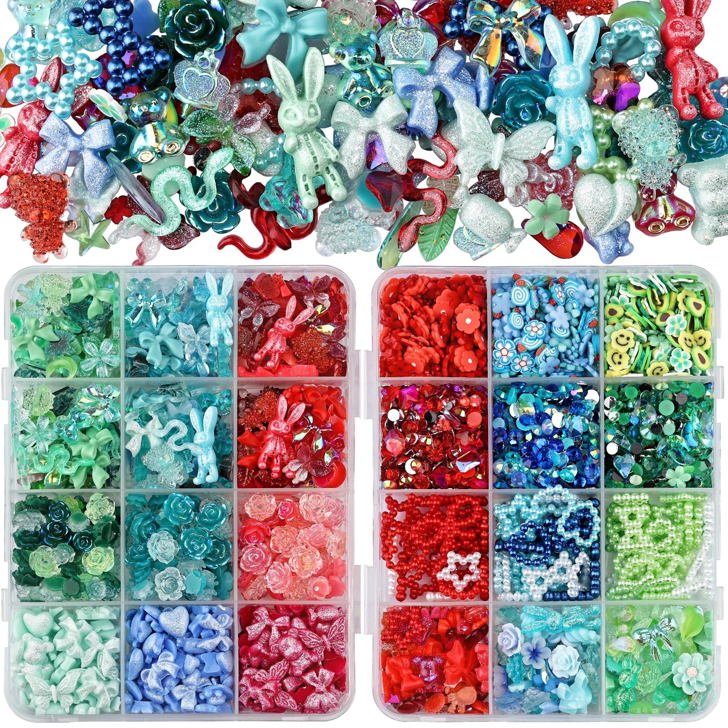 Kikonoke 2050 Pieces 3D Butterfly Rose Flower Bow Rabbit Bear Nail Charms Kit with Nail Art Rhinestones Pearls Crystal Gems Nail Slices for Manicure DIY Crafts Jewelry Accessories (Blue Green Red)