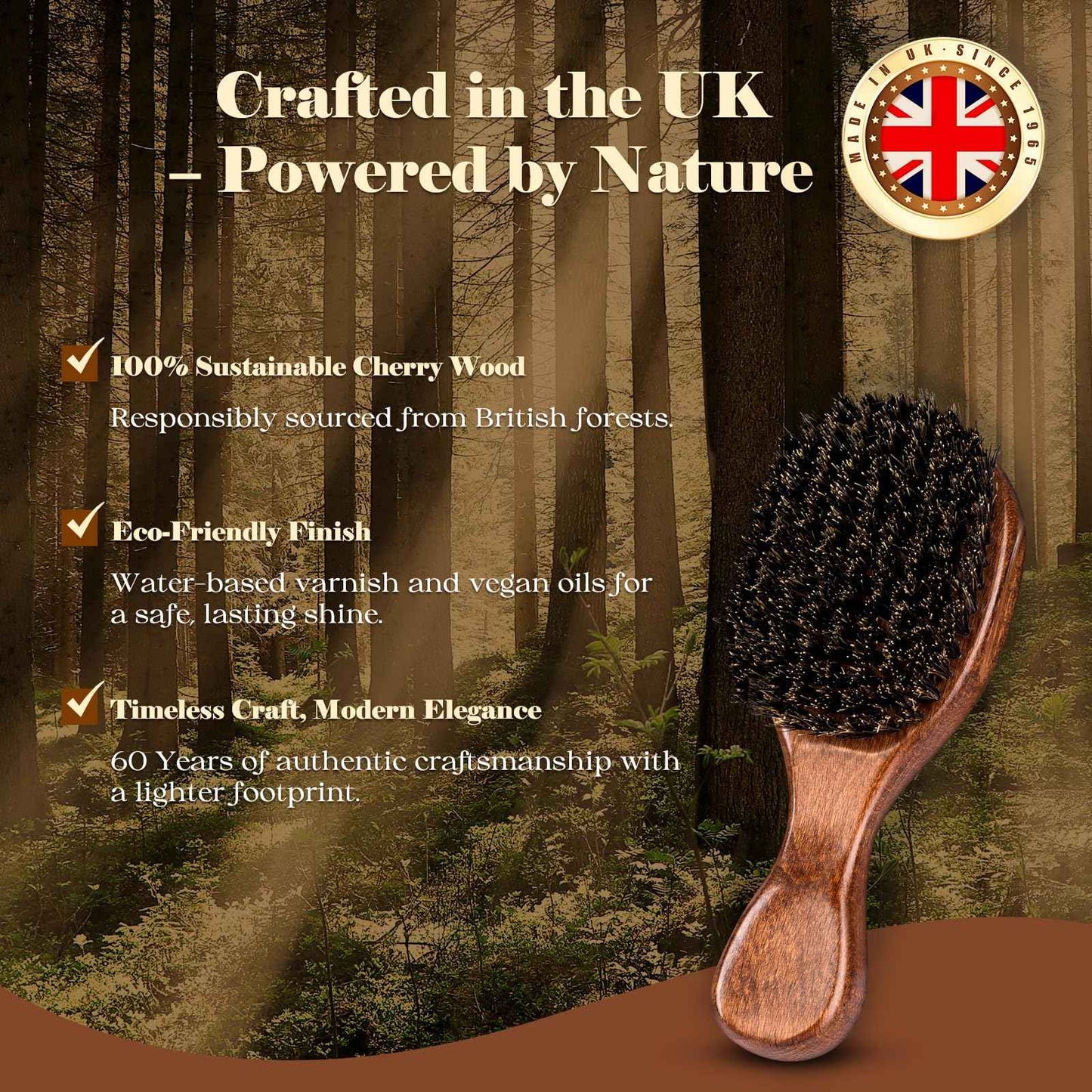 OUMIGIZ Boar Bristle Hair Brush Since 1965 British Craftsmanship, Handmade Natural Wooden Mini Hairbrush/Beard Brush, Pure Soft Bristles Gentle Detangling Women Men Kids Thin Fine Hair, Smooth & Shine