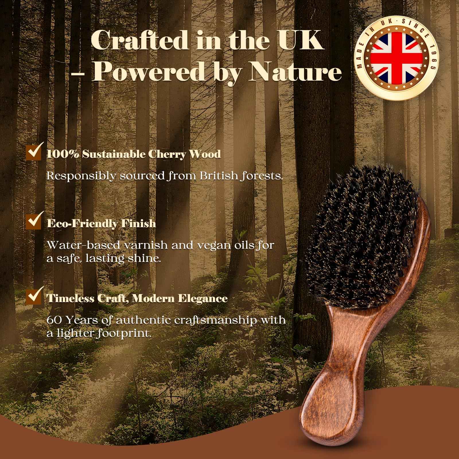 OUMIGIZ Boar Bristle Hair Brush Since 1965 British Craftsmanship, Handmade Natural Wooden Mini Hairbrush/Beard Brush, Pure Soft Bristles Gentle Detangling Women Men Kids Thin Fine Hair, Smooth & Shine