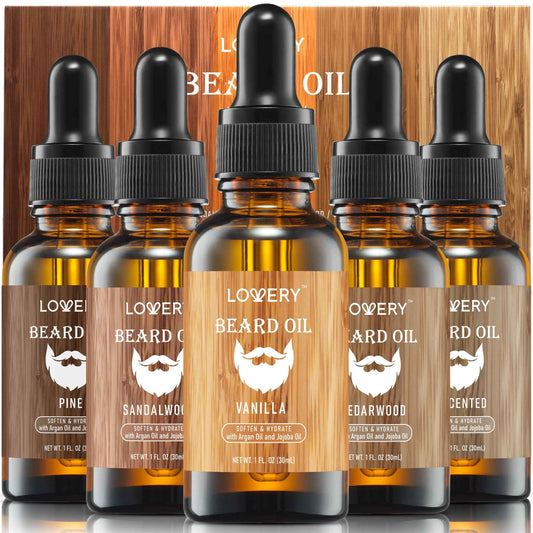 LOVERY (5 Pack Beard Oil for Men, Natural Mens Beard Oil Kit Variety Set - Sandalwood, Vanilla, Cedarwood, Pine, Unscented, W Argan & Jojoba Oil, Mens Beard Softener Grooming Gifts for Him