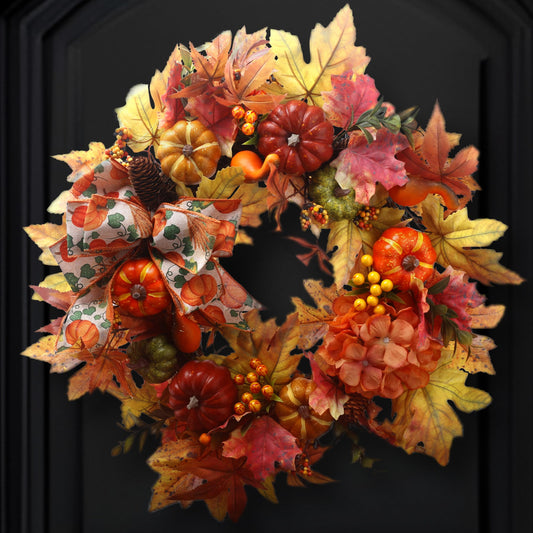 Fall Wreath, Artificial Fall Wreaths for Front Door with Pumpkins & Pine Cones & Berries, Autumn Wreath Decor Front Door Indoor or Outdoor Wall Home Party Decoration （Printed Burlap Bows）