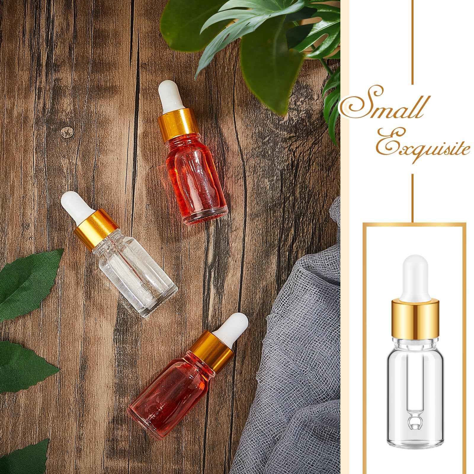 Didaey 100 Pcs Mini Glass Oil Dropper Bottle Bulk, Clear Essential Small Empty Bottles Sample Containers Perfume Liquid Vials with Cap for Traveling (10 ml,Gold)
