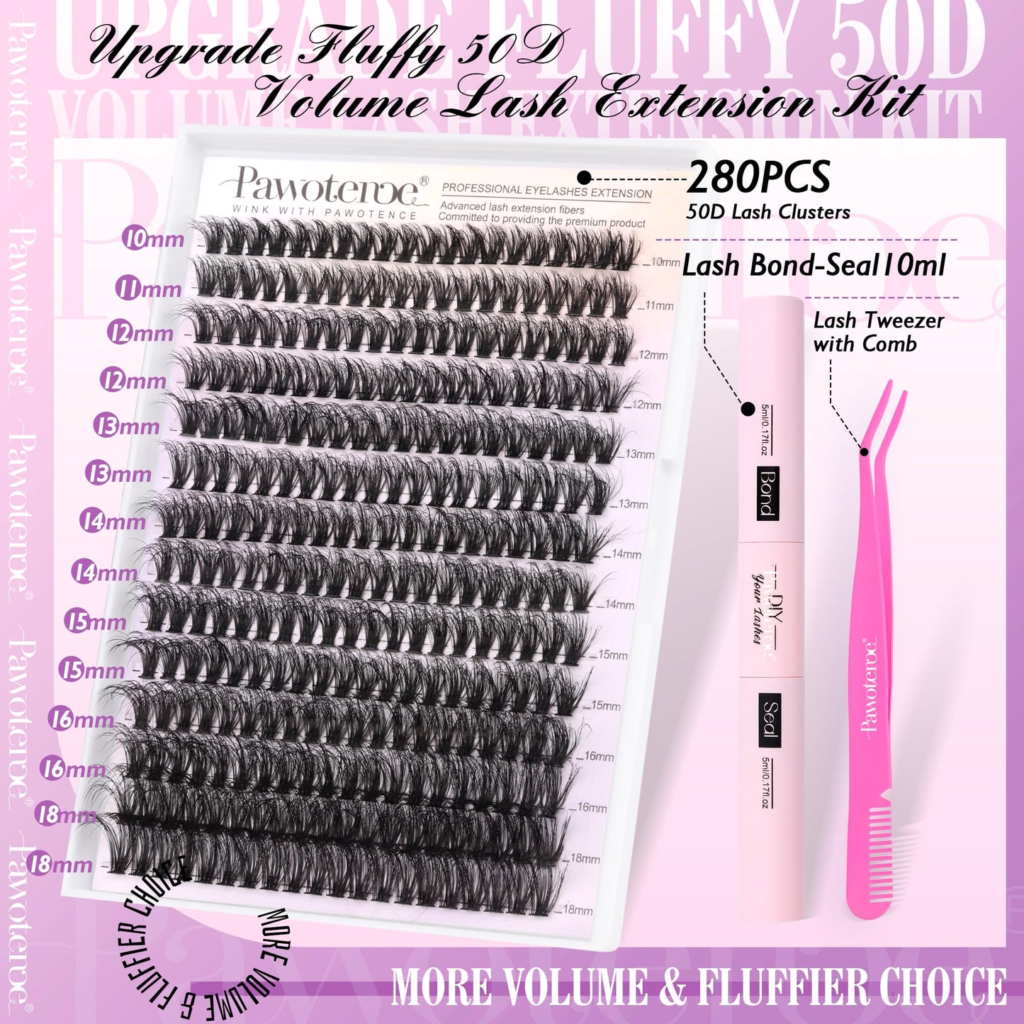 Pawotence Lash Extension Kit DIY Fluffy Individual Lash Clusters Kit 50D Curl with Lash Bond and Seal and Lash Applicator, 9-16mm Clusters Eyelash Extension Kit at Home (Fluffy 50D-9-16MIX KIT)