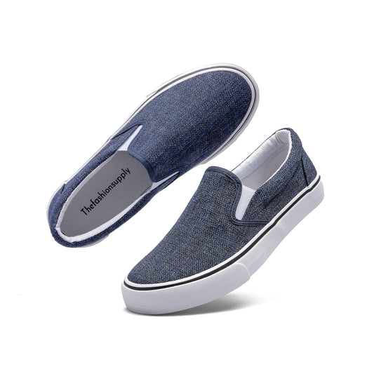 Low-Top Slip Ons Women's Fashion Sneakers Casual Canvas Sneakers for Women Comfortable Flats Breathable Padded Insole Slip on Sneakers Women Low Slip on Shoes (Denim, Numeric_8)